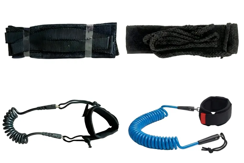 Basic PP webbing bodyboard leash compared to a premium coiled TPU leash with stainless steel swivels.