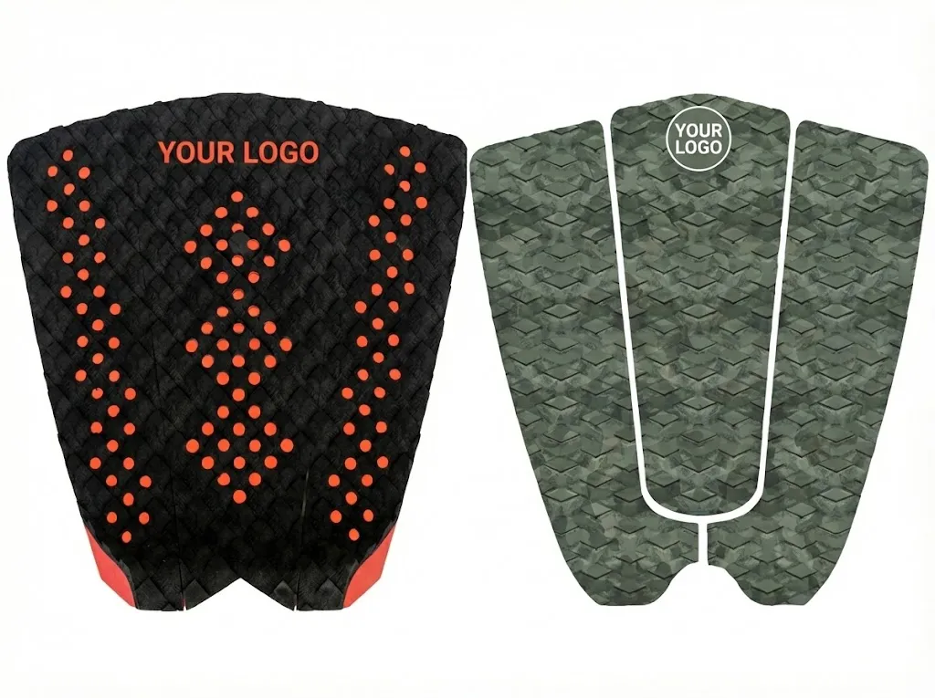 Traction Pad Branding Options Embedded PVC badge and multi-color EVA splicing on traction pads