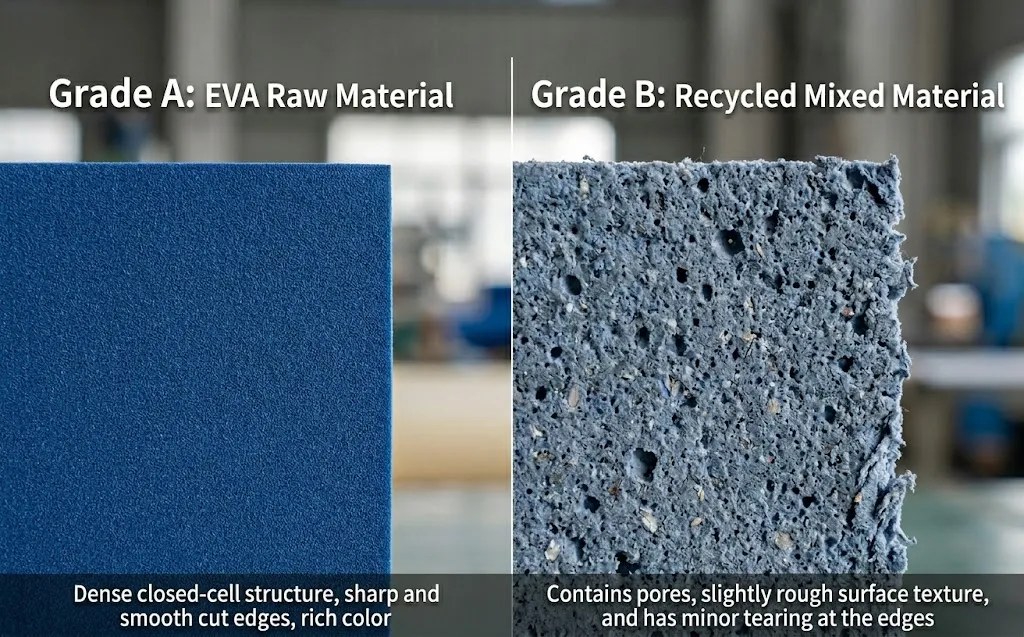 Comparison of Grade A virgin EVA foam vs Grade B recycled EVA cell structure
