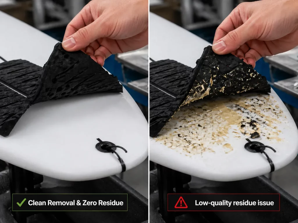 Residue-free removal demo of marine-grade surfboard traction pad adhesive