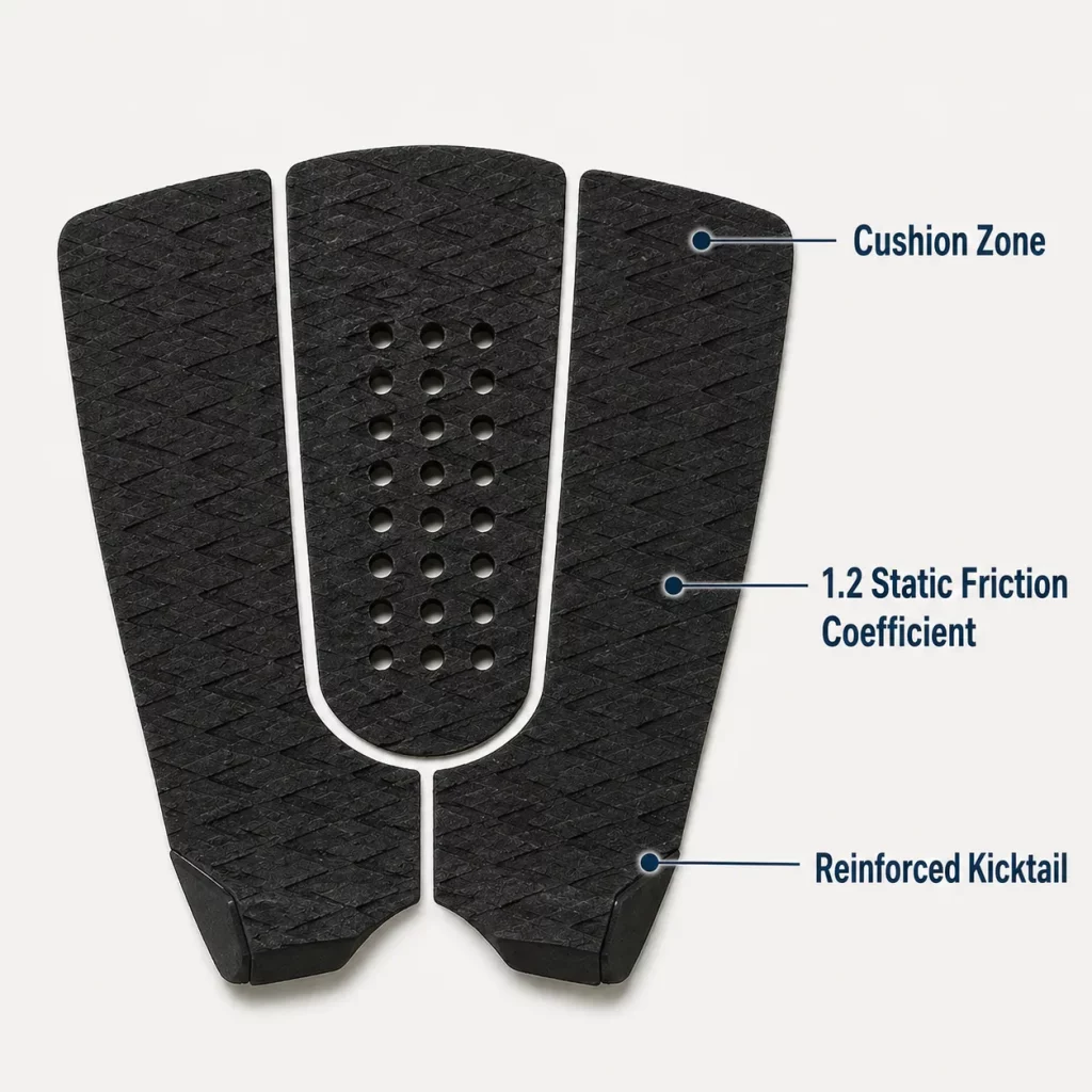 echnical diagram of surfboard traction pad zonal padding and friction performance