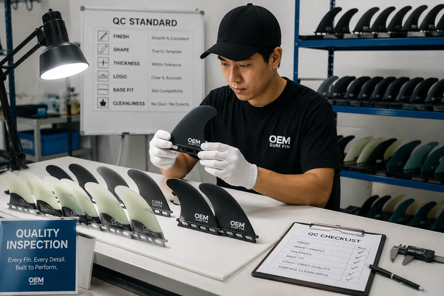 Quality inspection for custom surfboard fins manufacturing